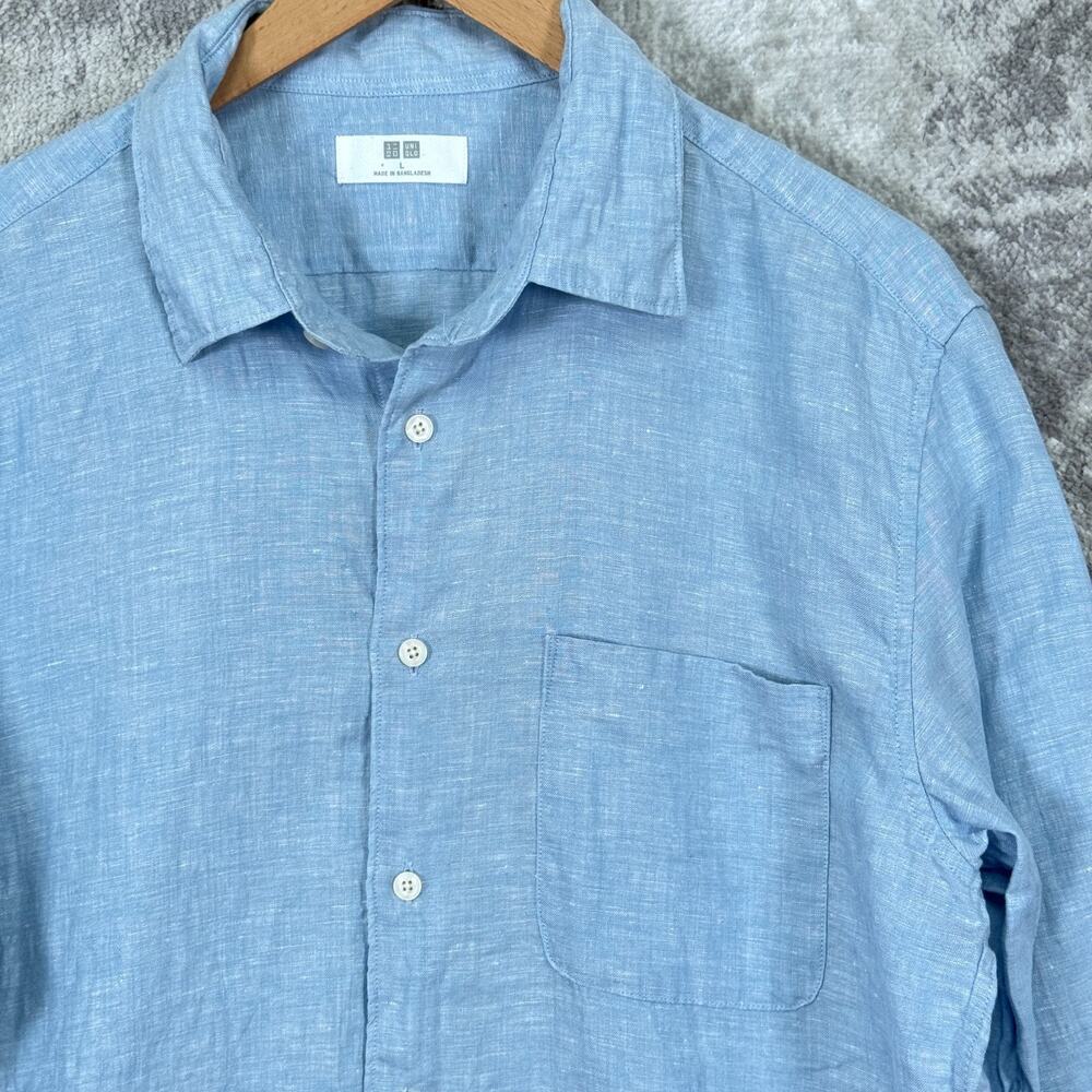 Uniqlo 100% Linen Shirt Large Mens Light Chambray Blue Long Sleeve